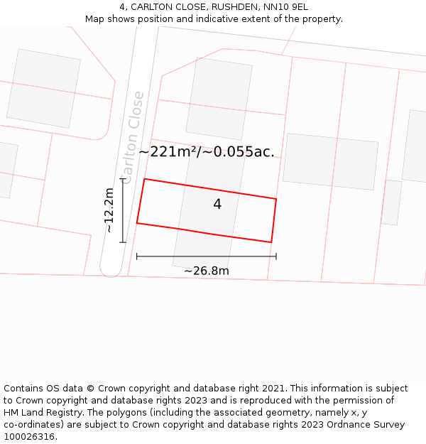 4, CARLTON CLOSE, RUSHDEN, NN10 9EL: Plot and title map