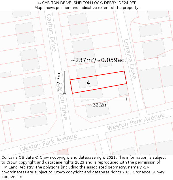 4, CARLTON DRIVE, SHELTON LOCK, DERBY, DE24 9EP: Plot and title map