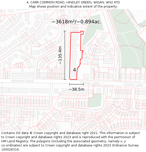4, CARR COMMON ROAD, HINDLEY GREEN, WIGAN, WN2 4TD: Plot and title map