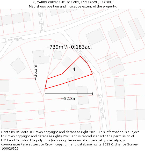 4, CARRS CRESCENT, FORMBY, LIVERPOOL, L37 2EU: Plot and title map