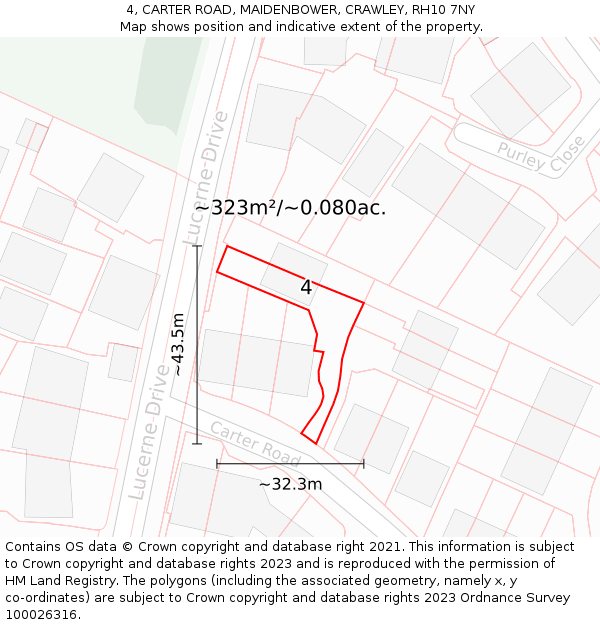 4, CARTER ROAD, MAIDENBOWER, CRAWLEY, RH10 7NY: Plot and title map