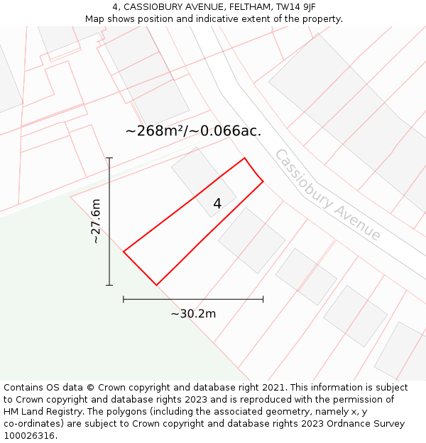 4, CASSIOBURY AVENUE, FELTHAM, TW14 9JF: Plot and title map