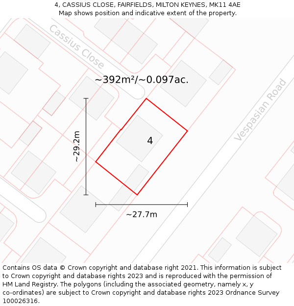 4, CASSIUS CLOSE, FAIRFIELDS, MILTON KEYNES, MK11 4AE: Plot and title map