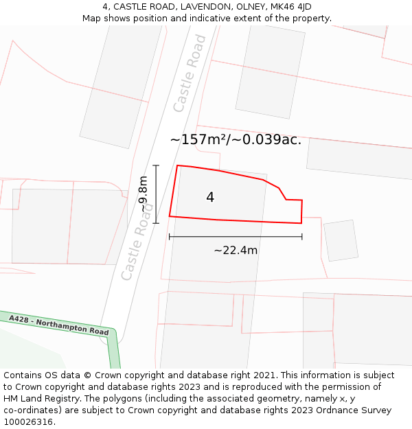 4, CASTLE ROAD, LAVENDON, OLNEY, MK46 4JD: Plot and title map