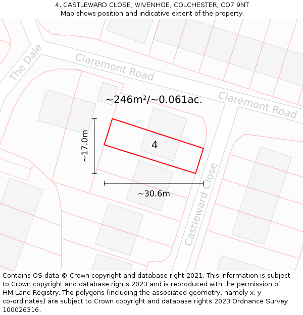4, CASTLEWARD CLOSE, WIVENHOE, COLCHESTER, CO7 9NT: Plot and title map
