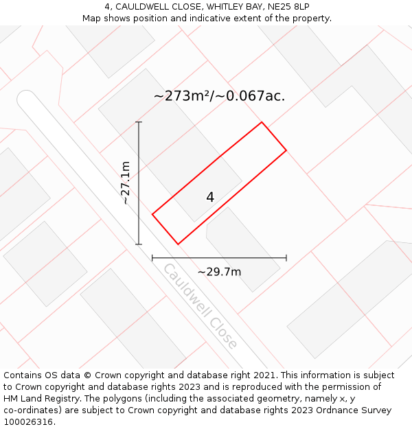 4, CAULDWELL CLOSE, WHITLEY BAY, NE25 8LP: Plot and title map