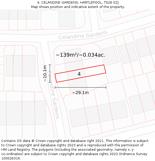 4, CELANDINE GARDENS, HARTLEPOOL, TS26 0ZJ: Plot and title map