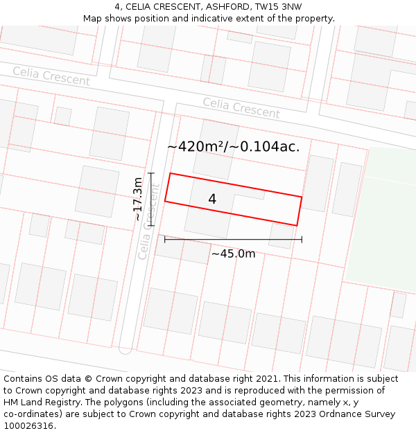4, CELIA CRESCENT, ASHFORD, TW15 3NW: Plot and title map