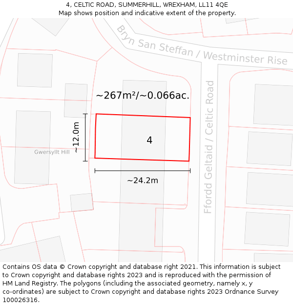 4, CELTIC ROAD, SUMMERHILL, WREXHAM, LL11 4QE: Plot and title map