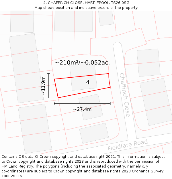 4, CHAFFINCH CLOSE, HARTLEPOOL, TS26 0SG: Plot and title map