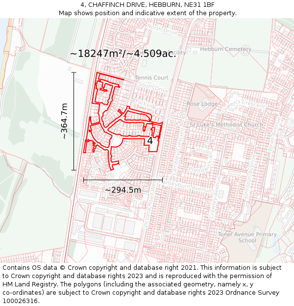 4, CHAFFINCH DRIVE, HEBBURN, NE31 1BF: Plot and title map