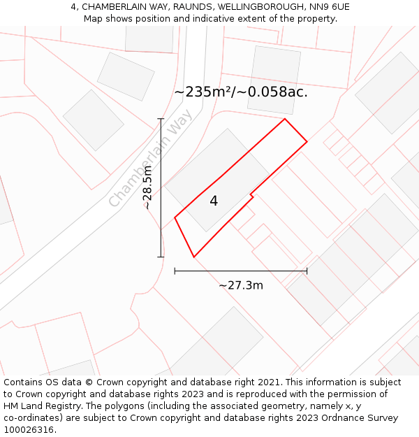 4, CHAMBERLAIN WAY, RAUNDS, WELLINGBOROUGH, NN9 6UE: Plot and title map