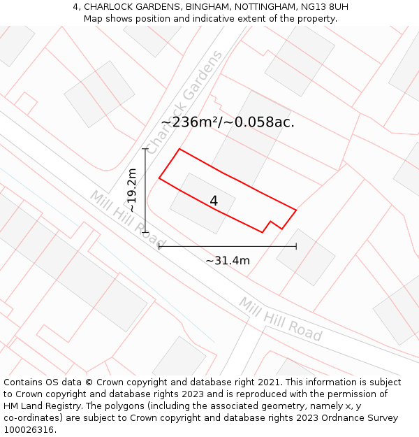 4, CHARLOCK GARDENS, BINGHAM, NOTTINGHAM, NG13 8UH: Plot and title map