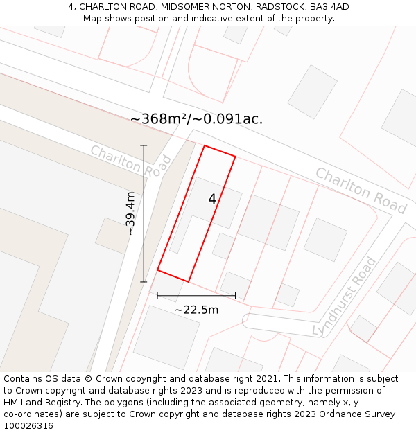 4, CHARLTON ROAD, MIDSOMER NORTON, RADSTOCK, BA3 4AD: Plot and title map