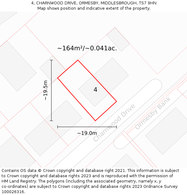 4, CHARNWOOD DRIVE, ORMESBY, MIDDLESBROUGH, TS7 9HN: Plot and title map