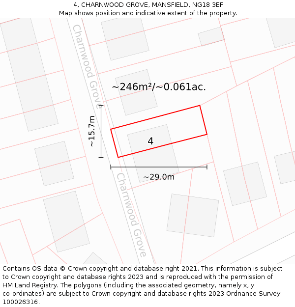 4, CHARNWOOD GROVE, MANSFIELD, NG18 3EF: Plot and title map