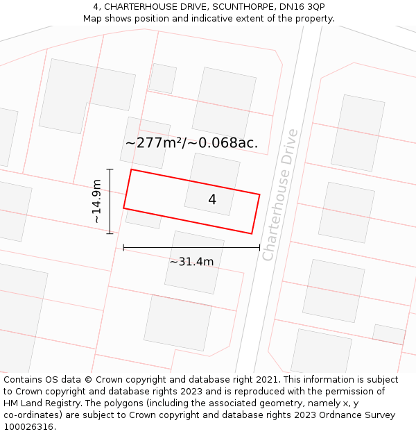 4, CHARTERHOUSE DRIVE, SCUNTHORPE, DN16 3QP: Plot and title map