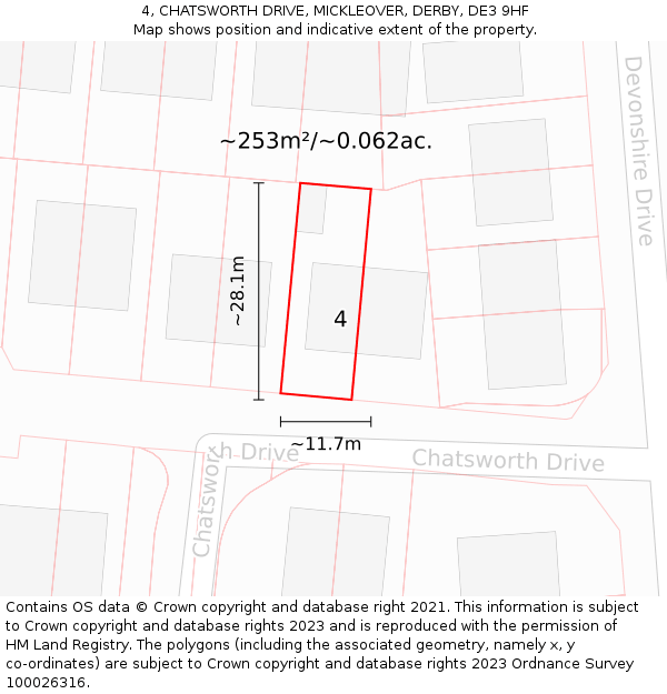 4, CHATSWORTH DRIVE, MICKLEOVER, DERBY, DE3 9HF: Plot and title map