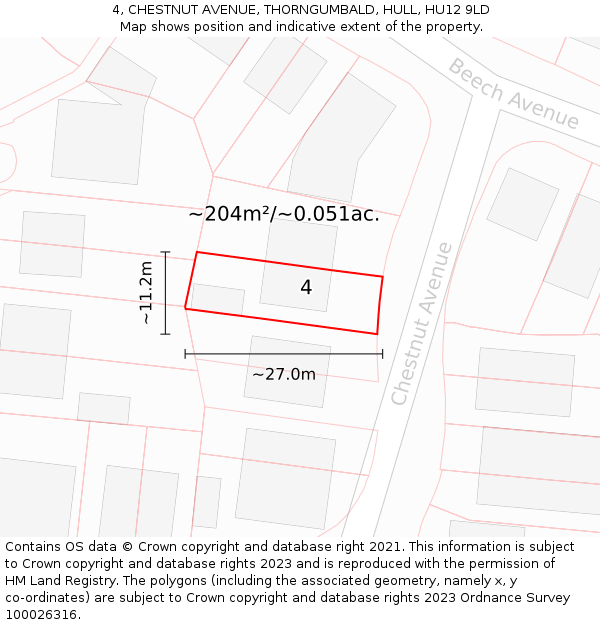 4, CHESTNUT AVENUE, THORNGUMBALD, HULL, HU12 9LD: Plot and title map
