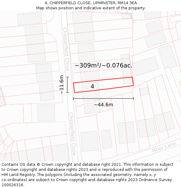 4, CHIPPERFIELD CLOSE, UPMINSTER, RM14 3EA: Plot and title map