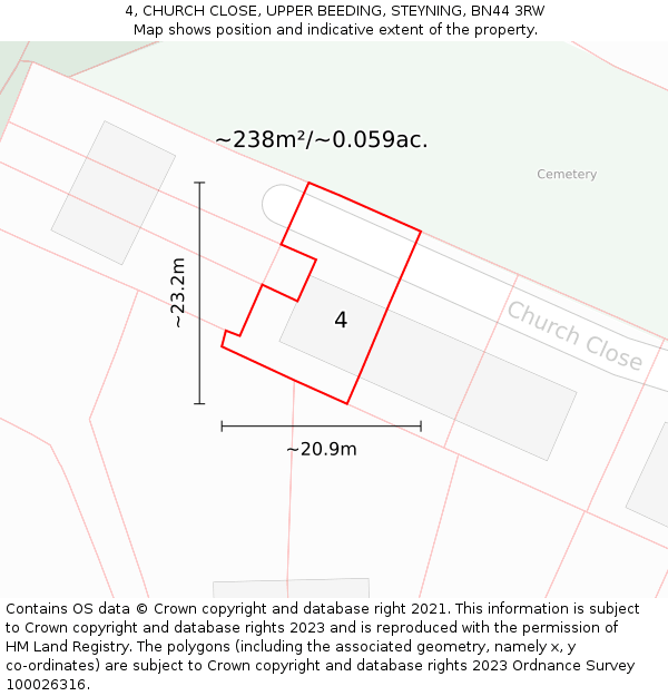 4, CHURCH CLOSE, UPPER BEEDING, STEYNING, BN44 3RW: Plot and title map