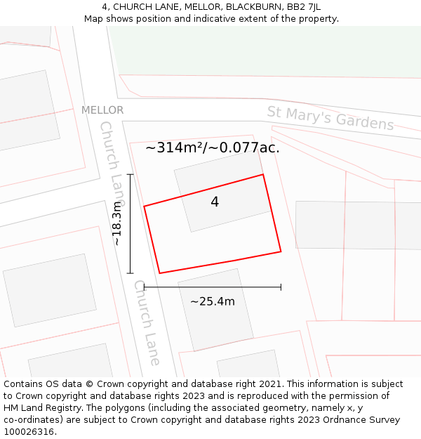 4, CHURCH LANE, MELLOR, BLACKBURN, BB2 7JL: Plot and title map