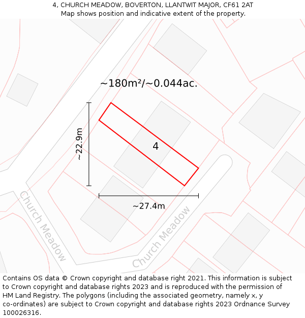 4, CHURCH MEADOW, BOVERTON, LLANTWIT MAJOR, CF61 2AT: Plot and title map