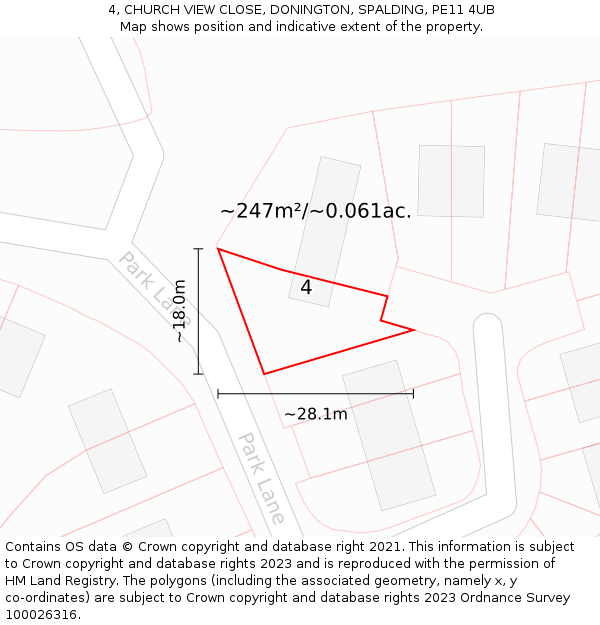 4, CHURCH VIEW CLOSE, DONINGTON, SPALDING, PE11 4UB: Plot and title map