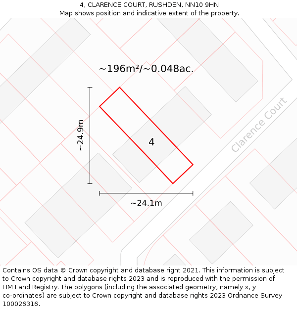 4, CLARENCE COURT, RUSHDEN, NN10 9HN: Plot and title map