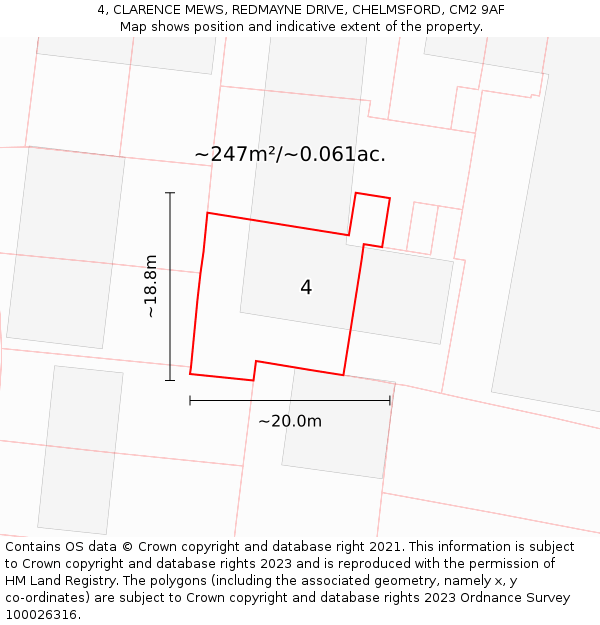 4, CLARENCE MEWS, REDMAYNE DRIVE, CHELMSFORD, CM2 9AF: Plot and title map