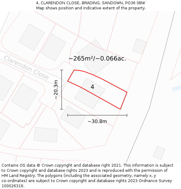 4, CLARENDON CLOSE, BRADING, SANDOWN, PO36 0BW: Plot and title map