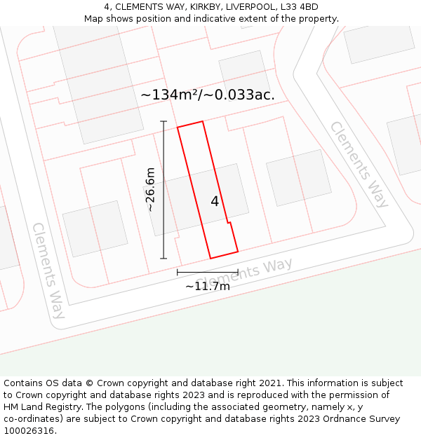 4, CLEMENTS WAY, KIRKBY, LIVERPOOL, L33 4BD: Plot and title map
