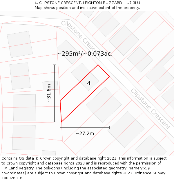 4, CLIPSTONE CRESCENT, LEIGHTON BUZZARD, LU7 3LU: Plot and title map
