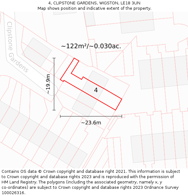 4, CLIPSTONE GARDENS, WIGSTON, LE18 3UN: Plot and title map