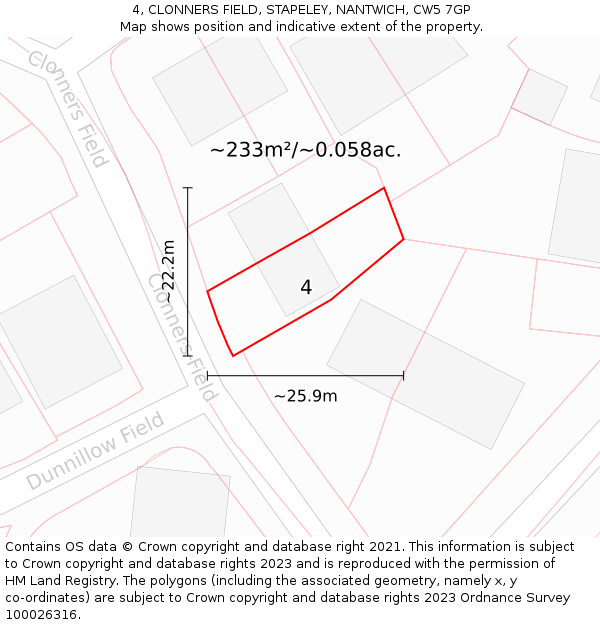 4, CLONNERS FIELD, STAPELEY, NANTWICH, CW5 7GP: Plot and title map