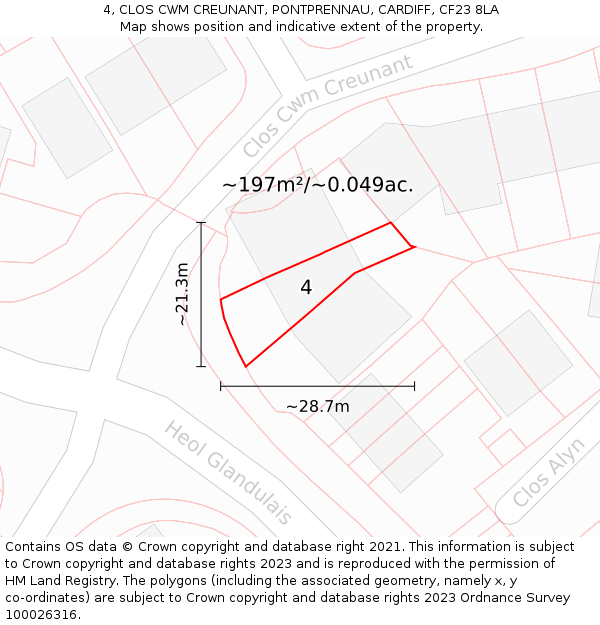 4, CLOS CWM CREUNANT, PONTPRENNAU, CARDIFF, CF23 8LA: Plot and title map