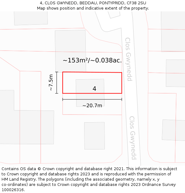 4, CLOS GWYNEDD, BEDDAU, PONTYPRIDD, CF38 2SU: Plot and title map