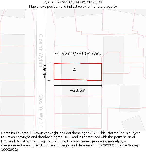 4, CLOS YR WYLAN, BARRY, CF62 5DB: Plot and title map