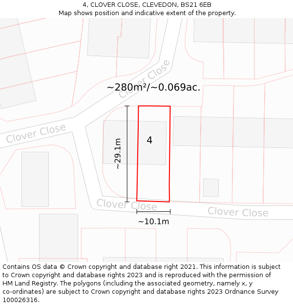 4, CLOVER CLOSE, CLEVEDON, BS21 6EB: Plot and title map