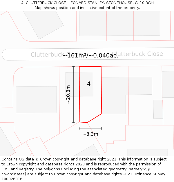 4, CLUTTERBUCK CLOSE, LEONARD STANLEY, STONEHOUSE, GL10 3GH: Plot and title map