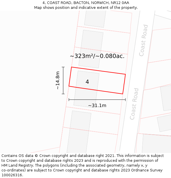4, COAST ROAD, BACTON, NORWICH, NR12 0AA: Plot and title map