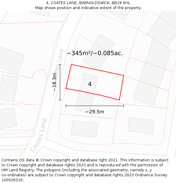 4, COATES LANE, BARNOLDSWICK, BB18 6HL: Plot and title map