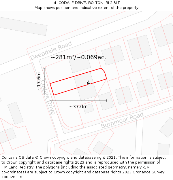 4, CODALE DRIVE, BOLTON, BL2 5LT: Plot and title map