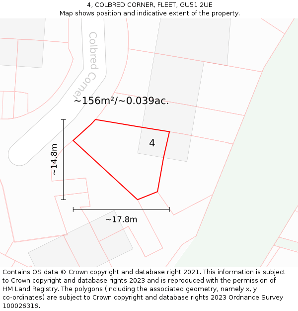 4, COLBRED CORNER, FLEET, GU51 2UE: Plot and title map