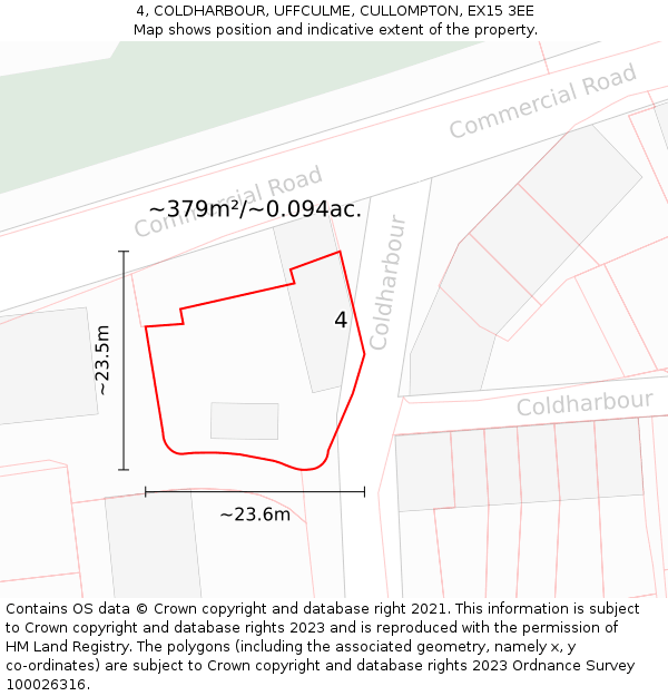 4, COLDHARBOUR, UFFCULME, CULLOMPTON, EX15 3EE: Plot and title map