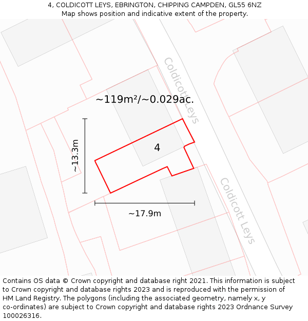 4, COLDICOTT LEYS, EBRINGTON, CHIPPING CAMPDEN, GL55 6NZ: Plot and title map