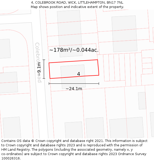 4, COLEBROOK ROAD, WICK, LITTLEHAMPTON, BN17 7NL: Plot and title map