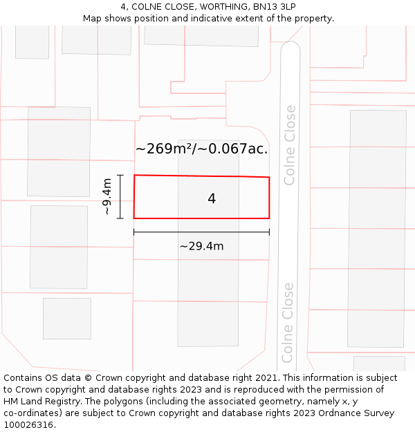 4, COLNE CLOSE, WORTHING, BN13 3LP: Plot and title map