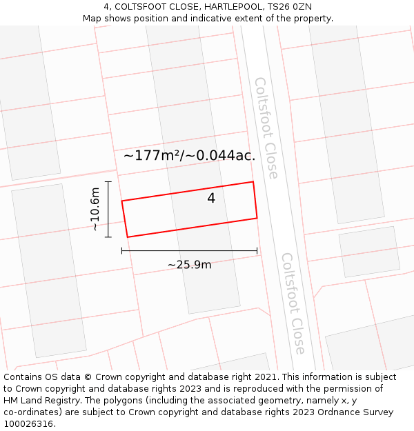 4, COLTSFOOT CLOSE, HARTLEPOOL, TS26 0ZN: Plot and title map