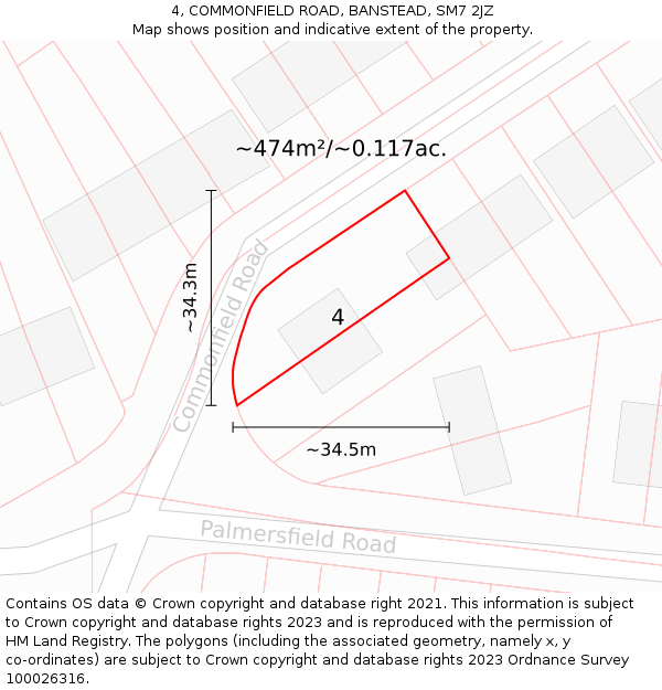 4, COMMONFIELD ROAD, BANSTEAD, SM7 2JZ: Plot and title map